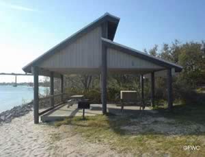 picnic pavilions near boat ramp in big lagoon state park