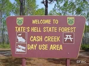 cash creek tates hell state forest boat ramp sign