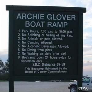 sign at archie glover boat launching ramp