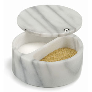 white marble salt box with two holders