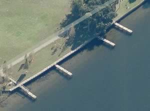 aerial of fishing piers at river crest park