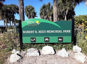 Entrance sign at Robert Rees Memorial Park in New Port Richey, Florida entrance to robert rees memorial park in new port richey
