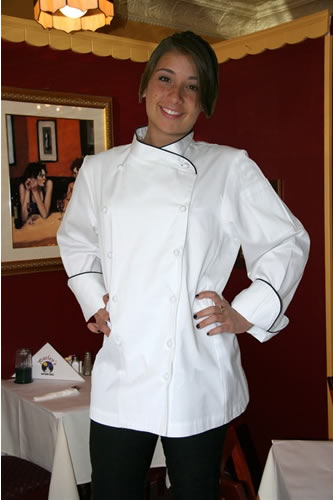 XINFU Chef Coat Womens Doubule-Breasted Long-Sleeved Black Chef Jacket with Pattern 